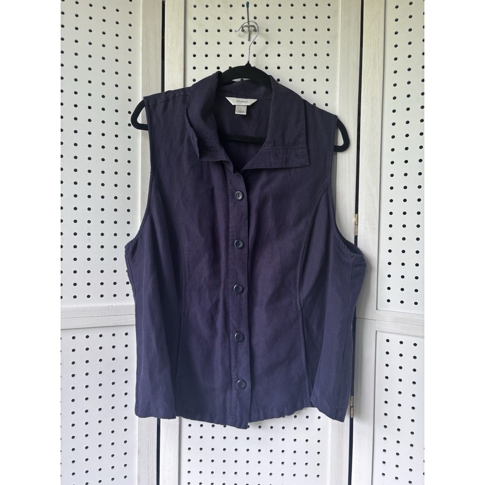 Christopher & Banks Women's X Button Down Linen Blend Tank Top Collared Navy